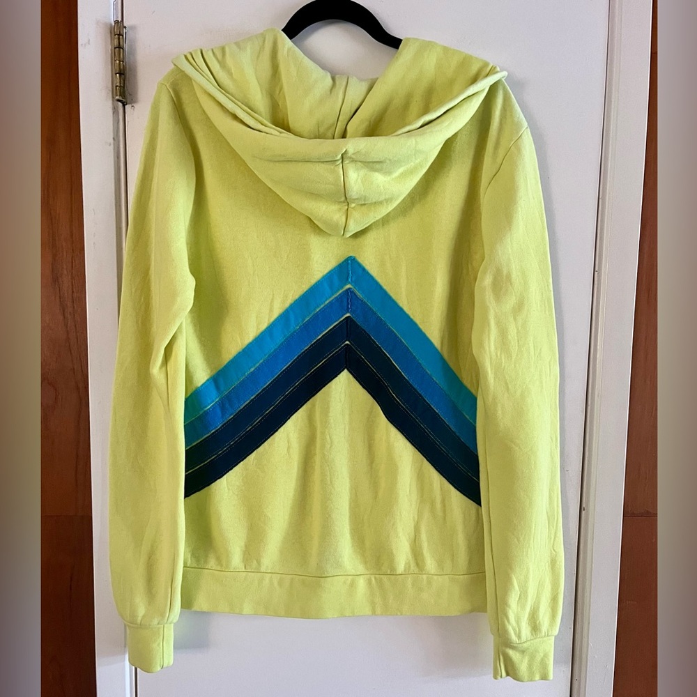 Aviator Nation Neon Yellow Blue Stripe Zip Up Hoodie